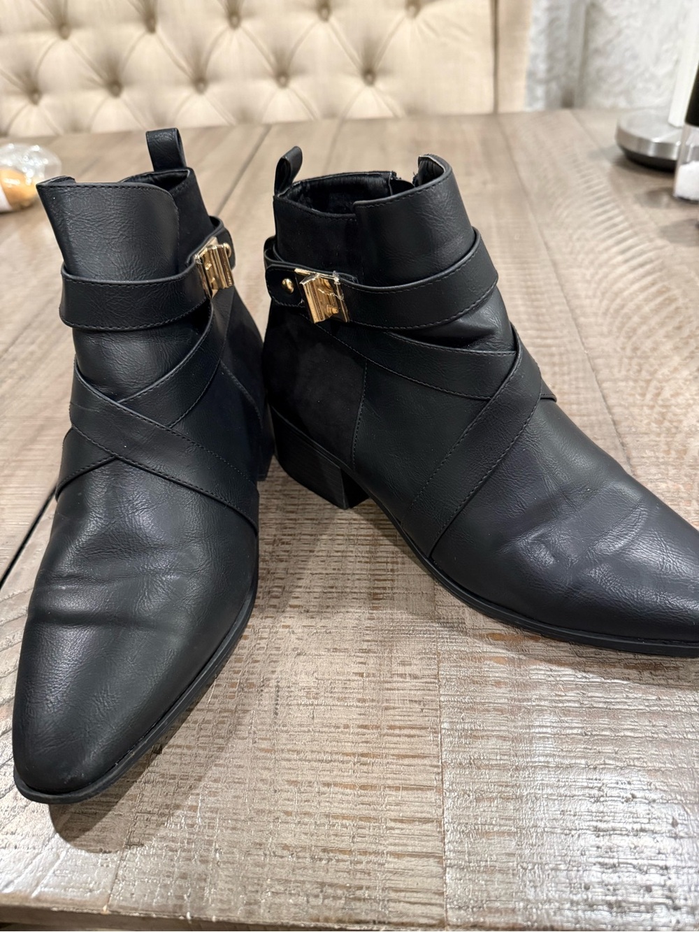 JustFab Black Ankle Booties with Gold Buckle Accents (never worn)